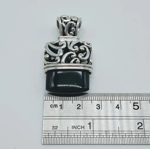 Vintage Sterling Silver Byzantine Chain Black Onyx Pendant Necklace